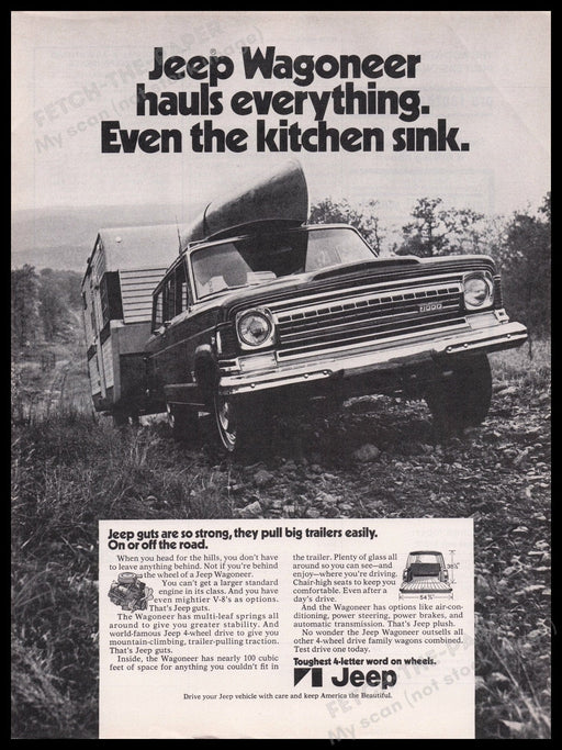 Jeep Wagoneer 1970s Print Advertisement Ad 1972 Pulling Trailer Fetch the Paper!