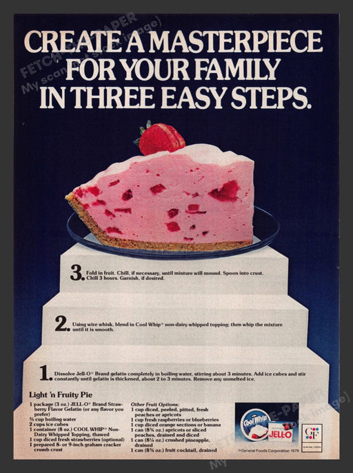 1979 Jell-O & Cool Whip "Light 'n Fruity Pie" Recipe Print Advertisement Ad