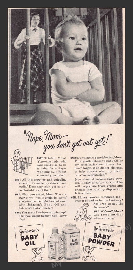 1948 Johnson's Baby Oil & Powder Mom in Jail Print Advertisement Ad