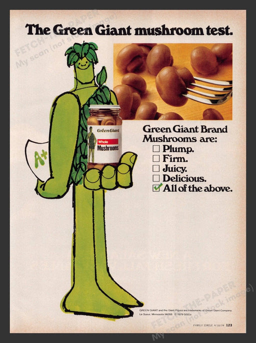 1979 Jolly Green Giant Whole Mushrooms Print Advertisement
