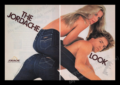 Jordache Jeans 1970s Print Advertisement Ad (2 pages) 1978 Topless Couple Fetch the Paper!