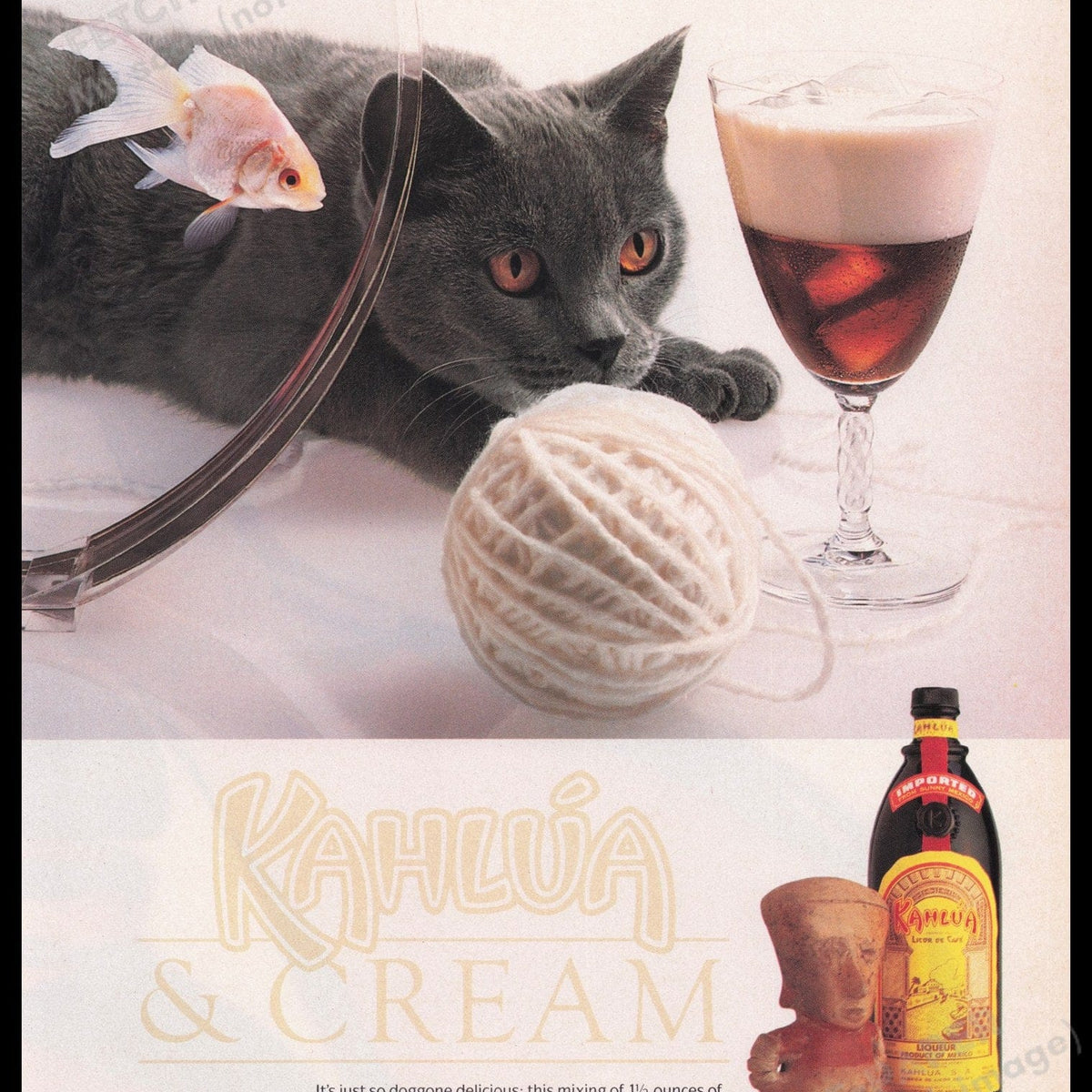 Vintage 1989 Kahlua Liqueur Print Ad - Gray Cat & Goldfish Scene ...