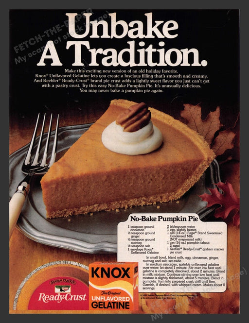 1985 Keebler & Knox No-Bake Pumpkin Pie Recipe Print Advertisement Ad