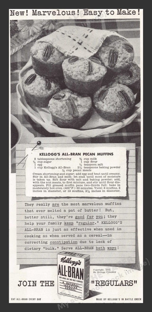 1941 Kellogg's All-Bran Cereal Pecan Muffins Recipe Print Advertisement Ad