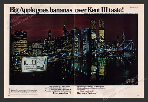 Kent III Big Apple Twin Towers 1980s Print Advertisement (2pages) 1981 Cigarette Fetch the Paper!