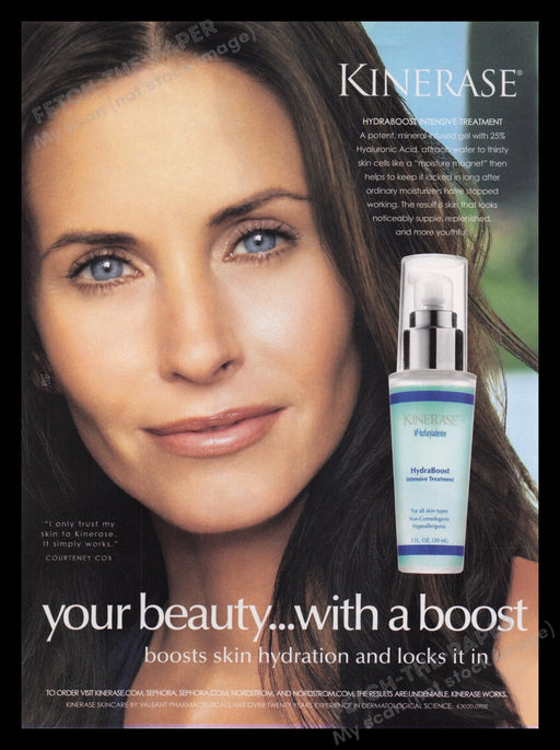 Kinerase 2000s Print Advertisement Ad 2008 Beauty Skin Boost Courtney Cox Fetch the Paper!