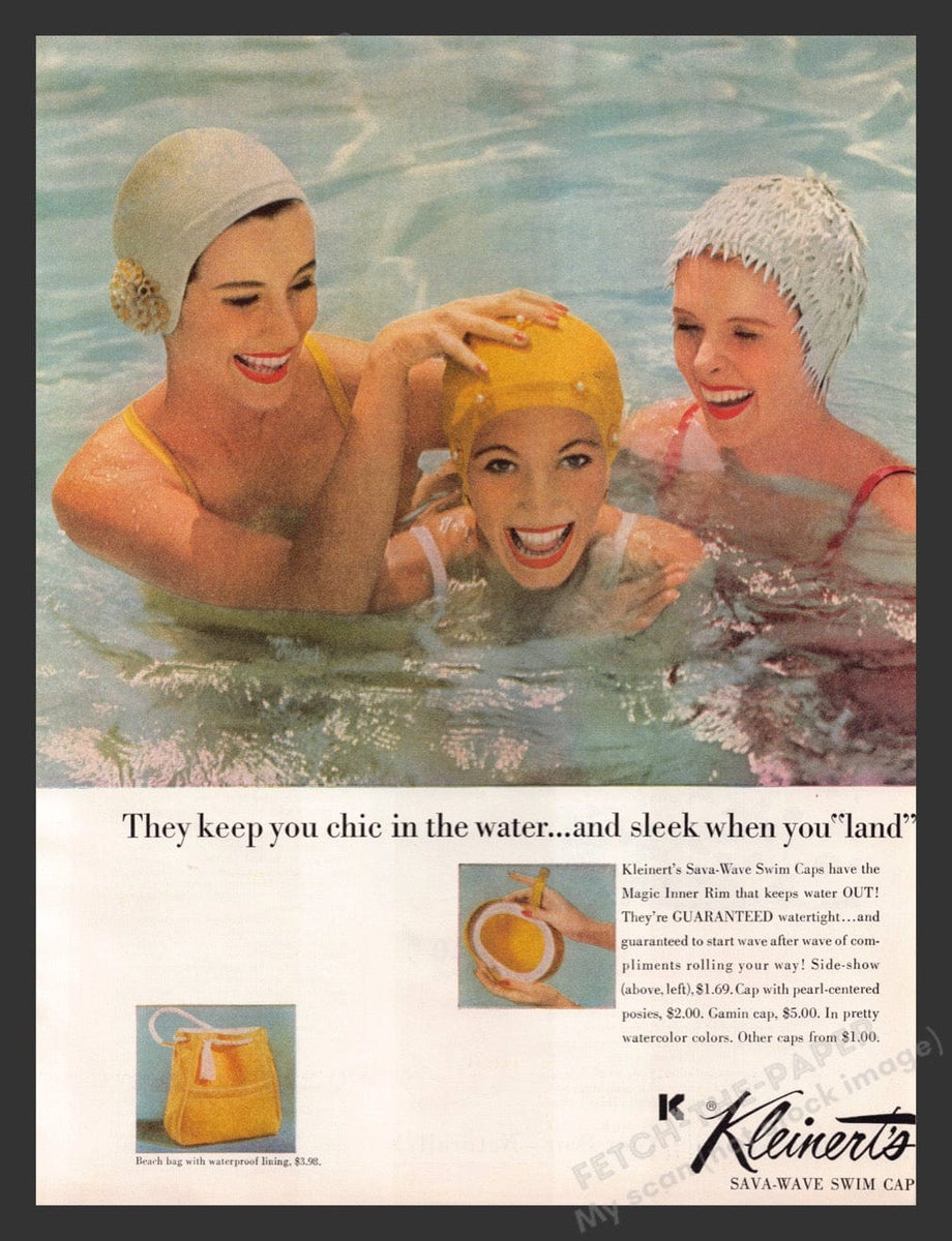 Kleinert's Sava-wave Swim Cap Color 1950s Print Advertisement Ad 1956 — Fetch-the-Paper kleinert-s-sava-wave-swim-cap-color-1950s-print-advertisement-ad-1956-fetch-the-paper