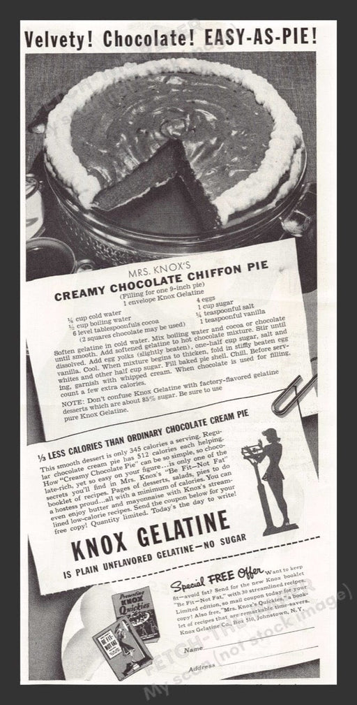 1940 Knox Gelatine Chiffon Pie Recipe Print Advertisement Ad