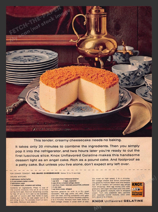 1964 Knox Unflavored Gelatin "No-Bake Cheesecake" Recipe Print Advertisement Ad