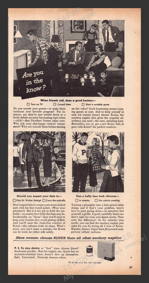 1956 Kotex Sanitary Napkins Somewhat Offensive Print Advertisement Ad
