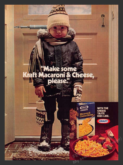 1981 Kraft Macaroni & Cheese Dinner Kid Snow Hungry Print Advertisement Ad