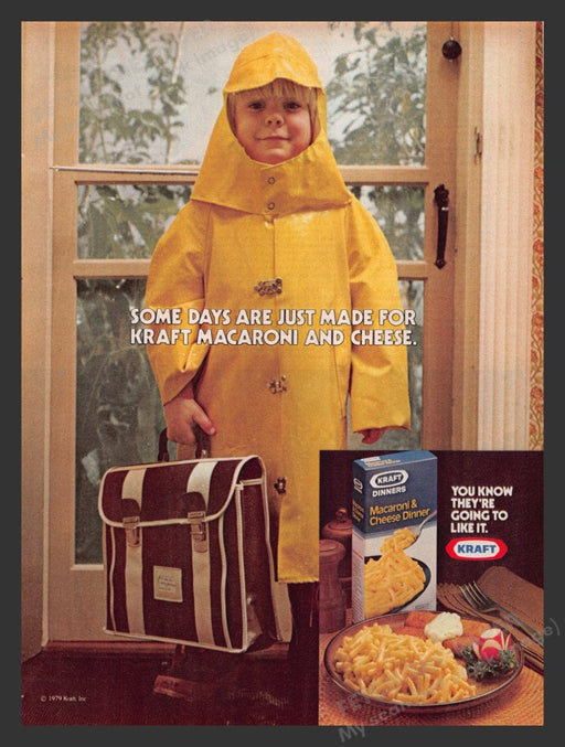 1979 Kraft Macaroni & Cheese Dinner Yellow Rain Coat Print Advertisement Ad