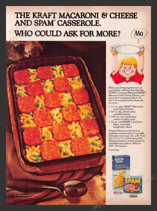 1979 Kraft Macaroni & Cheese w/ Spam Casserole Recipe Print Advertisement