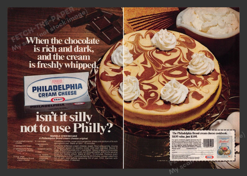 1982 Kraft Philadelphia Cream Cheese Marble Cheesecake Recipe Print Ad (2 Pages)