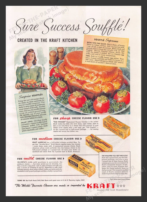 1940 Kraft Velveeta Cheese Recipe Print Advertisement Ad