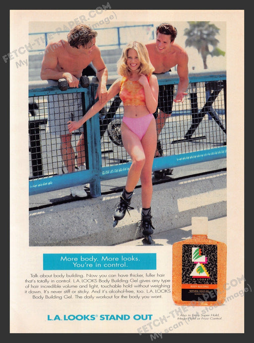 1996 Print Advertisement L.A. Looks Hair Gel Bikini Clad Rollerblader Ad.