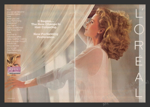 1984 L'Oreal Preference Hair Color Window Sash Print Advertisement (2 Pages)