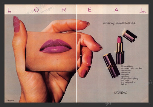 1983 L'Oreal Creme Riche Lipstick Hand Lips Print Advertisement (2 Pages)