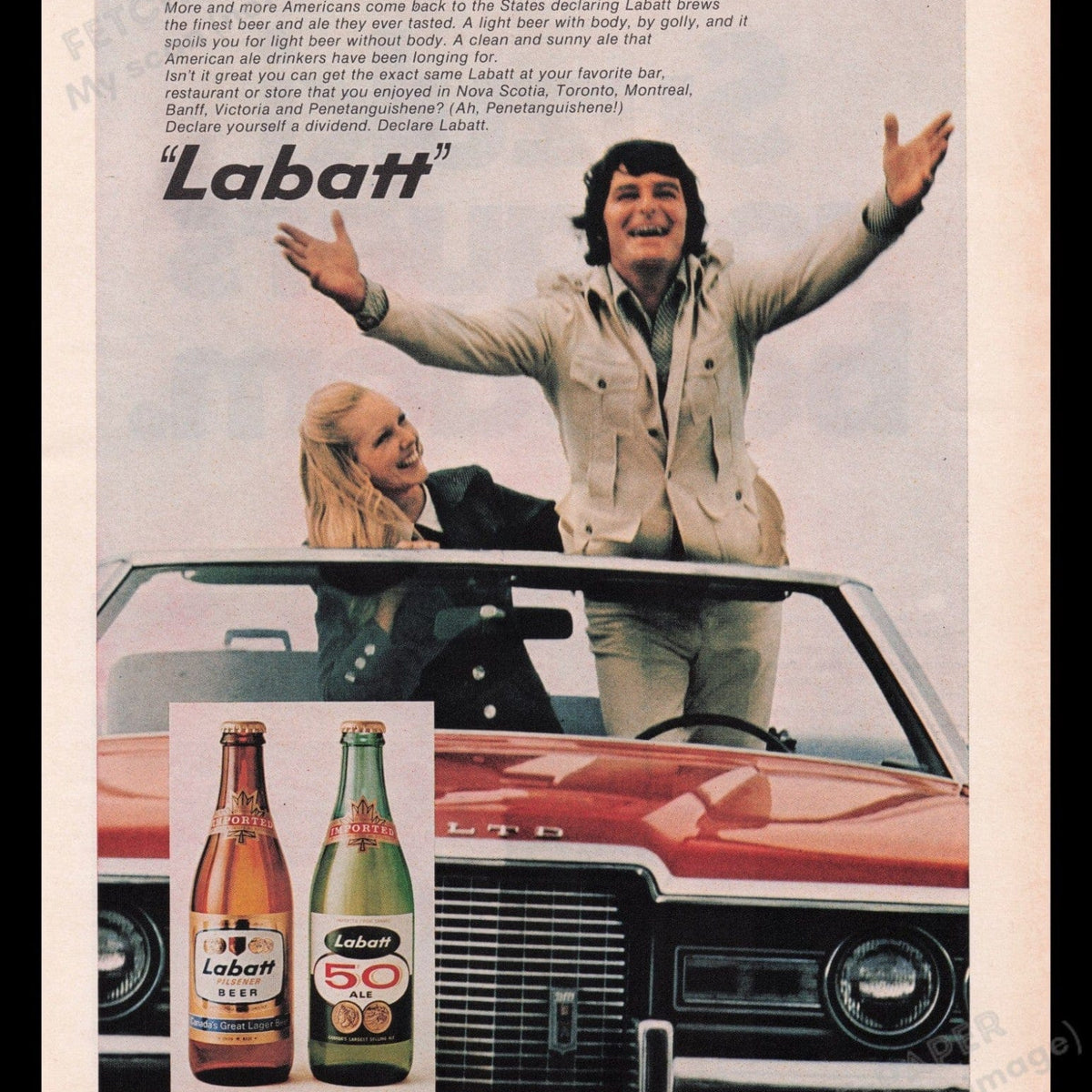 Vintage 1972 Labatt Beer Print Ad - Convertible Scene — Fetch-the-Paper