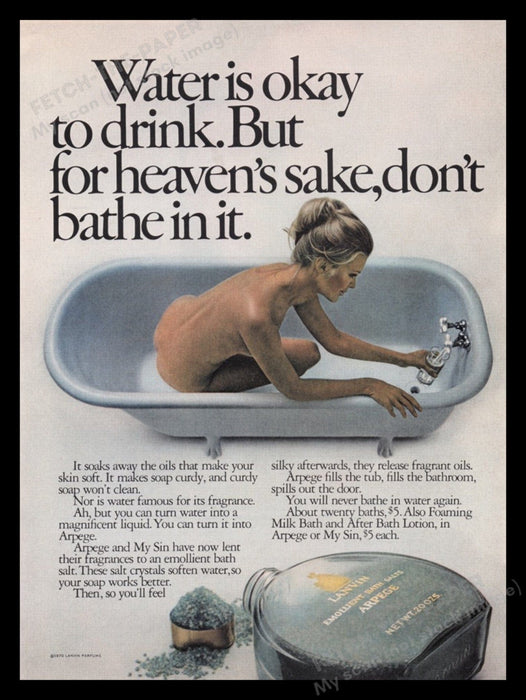 Lanvin Arpege Bath Crystals 1970s Print Advertisement Ad 1970 Naked Woman Bath Fetch the Paper!