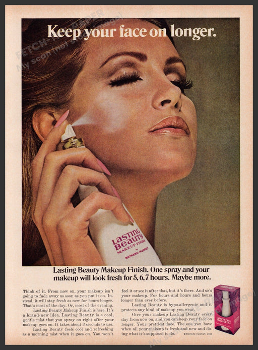 Lasting Beauty Makeup Finish Spray 1960s Print Advertisement 1969 Fetch the Paper!