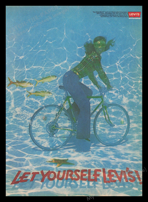 Levi's Jeans 1970s Print Advertisement Ad 1977 Underwater Riding Bicycle Fetch the Paper!