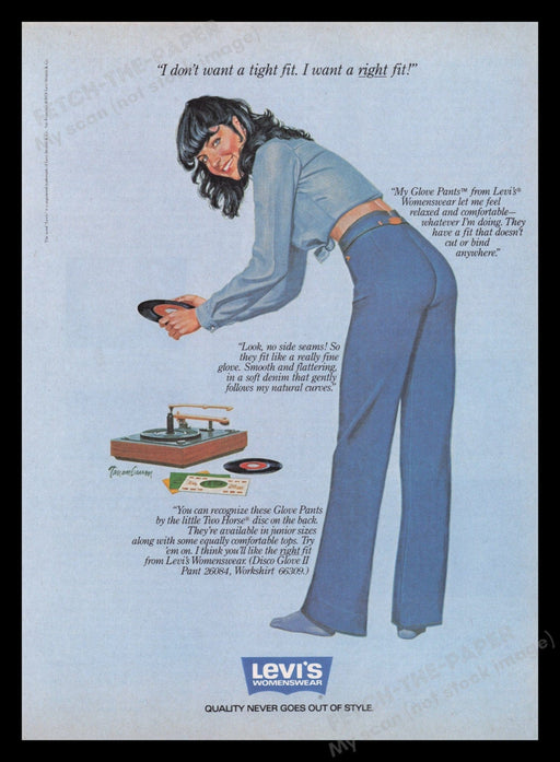 Levi's Jeans 1970s Print Advertisement Ad 1979 Record Player Fetch the Paper!
