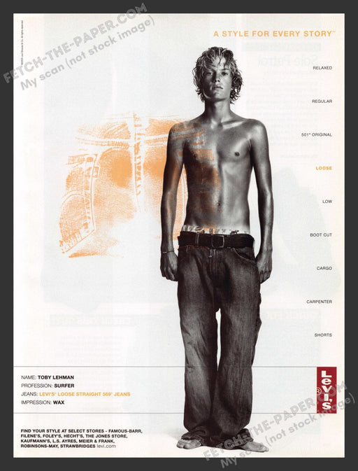 2005 Print Advertisement Levi's Jeans Featuring Toby Lehman Surfer Athlete Ad.