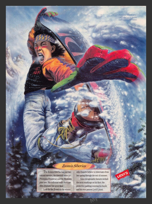 1990 Levi's "Wild Creature" Zoomis Siberias Snowboarder Print Advertisement Ad