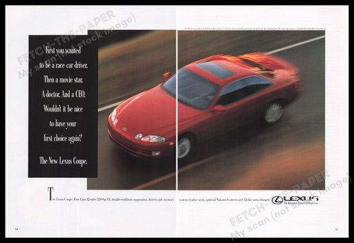 Lexus Coupe Car 1990s Print Advertisement (2 pages) 1991 Red Road Driving Fetch the Paper!