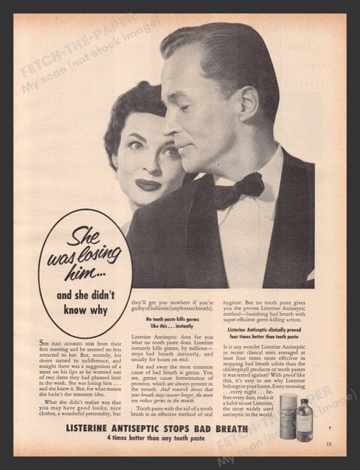 1956 Listerine Antiseptic Bad Bread Couple Breakup Print Advertisement Ad
