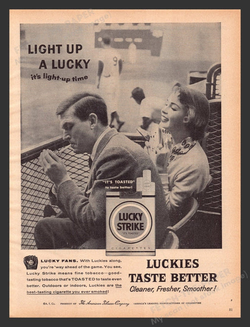1956 Lucky Strike Cigarettes Couple Baseball Game Print Advertisement Ad