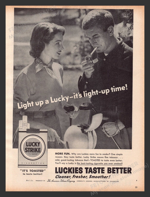1956 Lucky Strike Cigarettes Couple Playing Golf Print Advertisement Ad