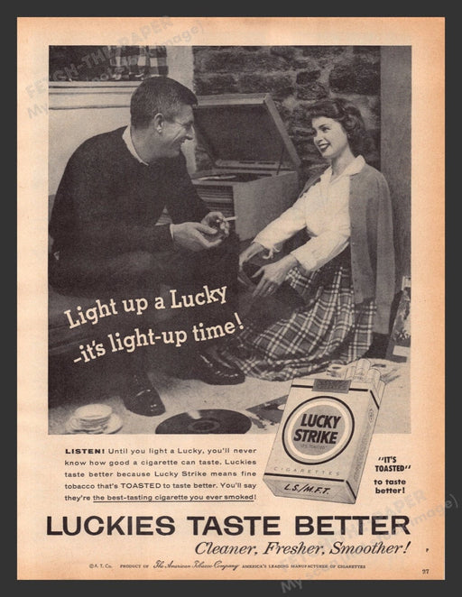 1956 Lucky Strike Cigarettes Couple Record Player Music Print Advertisement Ad
