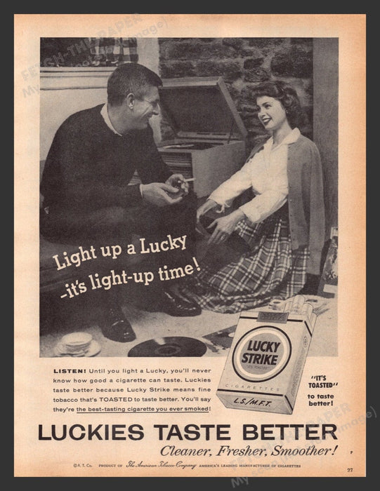 1956 Lucky Strike Cigarettes Couple Record Player Music Print Advertisement Ad