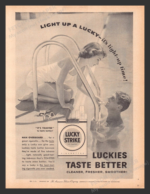 1956 Lucky Strike Cigarettes Poolside Couple Print Advertisement Ad