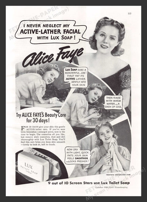 1940 Lux Toilet Soap Alice Faye Print Advertisement Ad