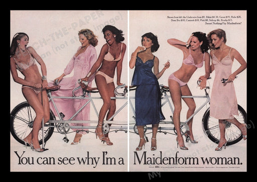Maidenform Lingerie 1970s Print Advertisement Ad (2 pages) 1979 Tandem Bicycle Fetch the Paper!