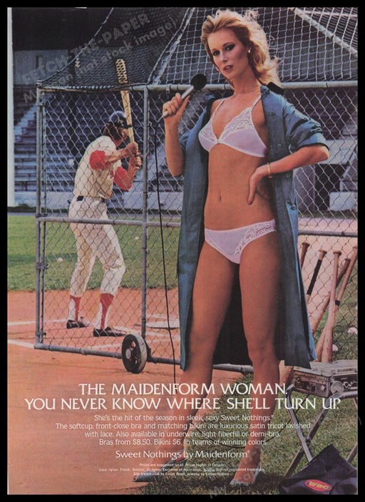 Maidenform Lingerie 1980s Print Advertisement Ad 1982 Woman Sportscaster Fetch the Paper!