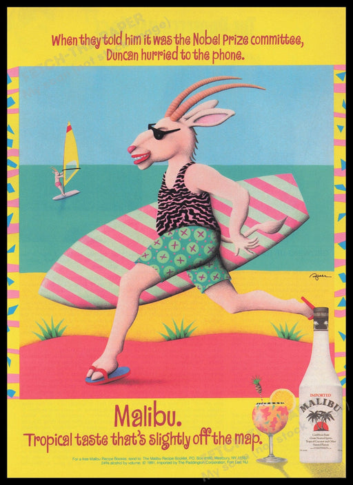 Malibu Rum 1990s Print Advertisement Ad 1991 Duncan Nobel Prize Fetch the Paper!