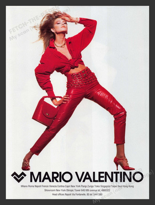 Mario Valentino 1990s Print Advertisement Red Long Legs Fashion Model Fetch the Paper!
