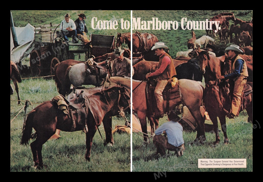 Marlboro Cigarettes 1970s Print Advertisement (2 pages) 1972 Cowboys Fetch the Paper!