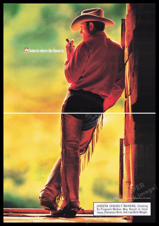 Marlboro Cigarettes 1990s Print Advertisement (2 pages) 1999 Barn Morning Cowboy Fetch the Paper!