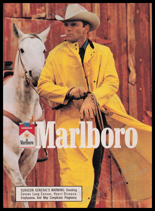 Marlboro Cigarettes 1990s Print Advertisement Ad 1990 Cowboy Yellow Jacket Fetch the Paper!