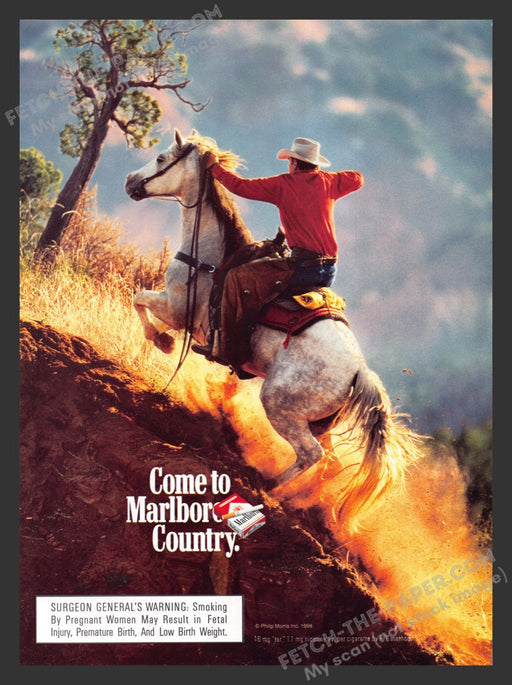 1998 Print Advertisement Marlboro Cigarettes Country Cowboy Riding Up Hill Ad.