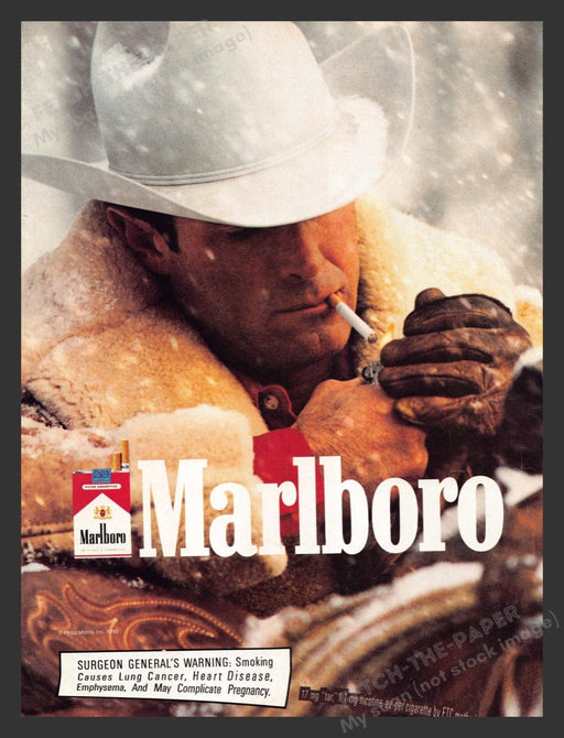 1990 Marlboro Cigarettes Cowboy Marlboro Man Snow Print Advertisement Ad