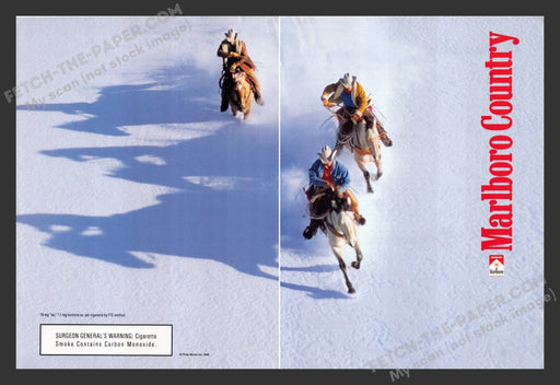 1998 Print Advertisement 2 Page Marlboro Country Cigarettes Snow Cowboys Riding.