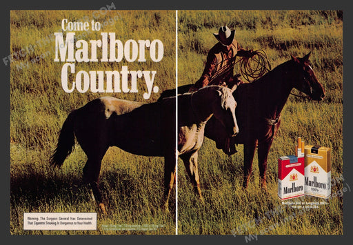 1982 Print Advertisement 2 Page Marlboro County Cigarettes Cowboy Roped Horse Ad.