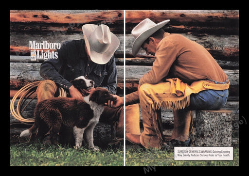 Marlboro Lights 1990s Print Advertisement Ad (2 pages) 1999 Cigarette Dogs Fetch the Paper!