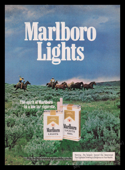 Marlboro Lights Cigarettes 1970s Print Advertisement Ad 1979 Roundup Cowboy Fetch the Paper!